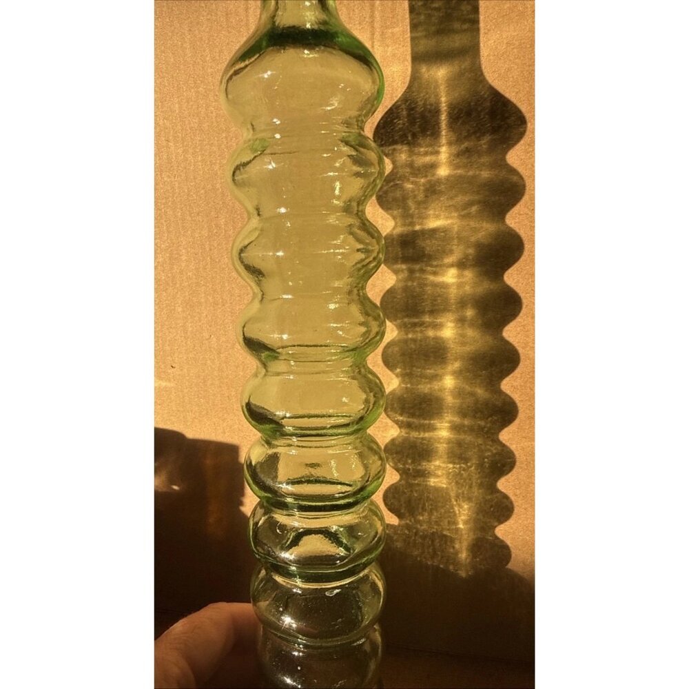 Green Beehive Ribbed Glass Bottle Vase 12” Tall – Mid Century Decorative Retro - Picture 4 of 9